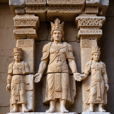 Ancient Stone King with Attendants Relief