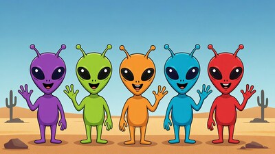 Rainbow Aliens Waving in Desert