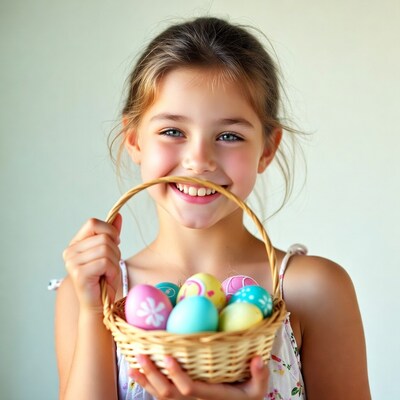 Girl holding Easter basket with eggs