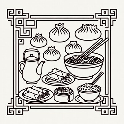 Chinese Dim Sum Line Art Illustration
