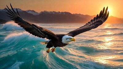 Bald Eagle Flying over Ocean Sunset