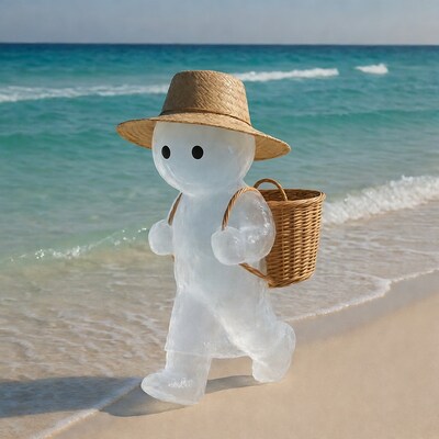Snowman with straw hat and basket on beach