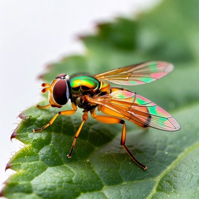 Iridescent Fly on Green Leaf