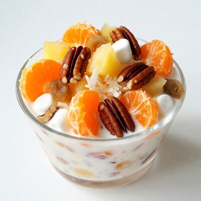 Fruit salad with yogurt and pecans
