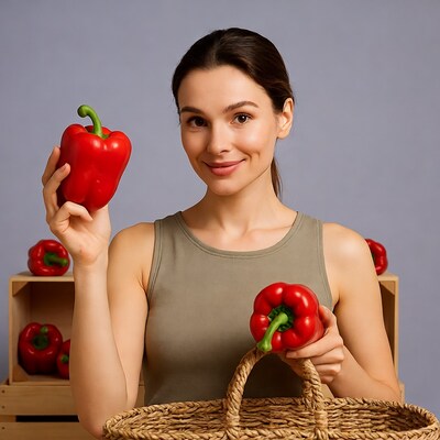 Woman holding red bell peppers