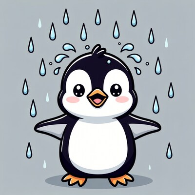 Cute cartoon penguin in rain