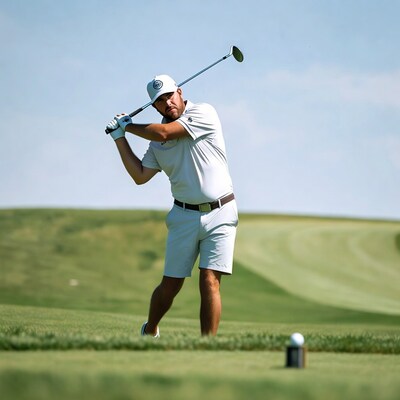 Man swinging golf club on course