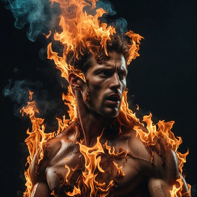 Muscular man engulfed in flames