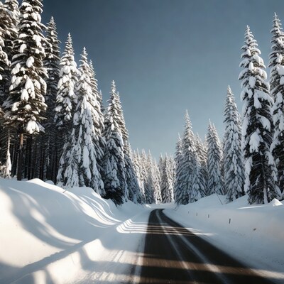 Snowy Road Through Pine Forest