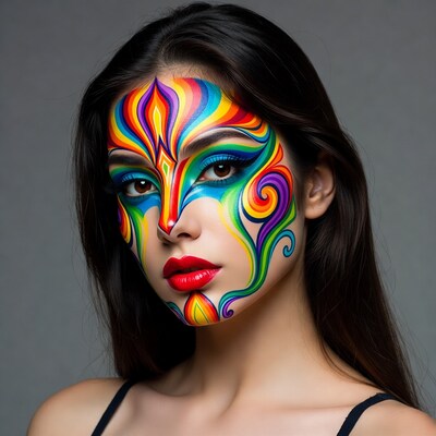 Asian woman with rainbow face paint