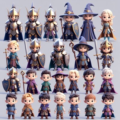 Chibi Fantasy Knights Wizards Elves Illustration