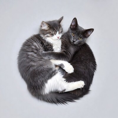 Two Cats Cuddling on Gray Background