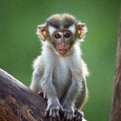 Baby vervet monkey on log