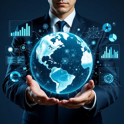 Businessman holding holographic globe