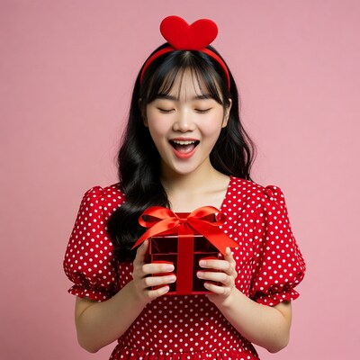 Asian girl holding red gift box