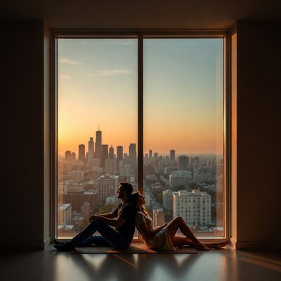 Couple silhouetted by Chicago sunset skyline