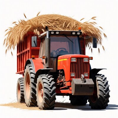Red Tractor Loaded with Hay