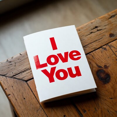 I Love You card on wooden table