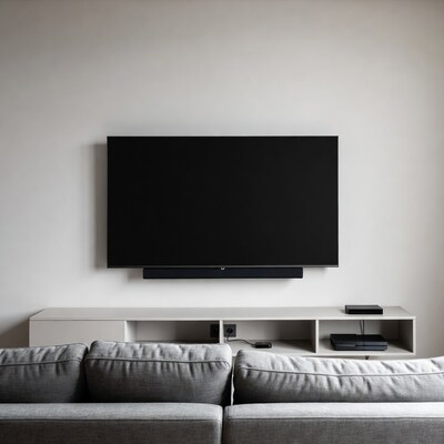 Wall-mounted TV with soundbar and PlayStation