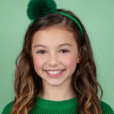 Girl smiling with green pom-pom headband