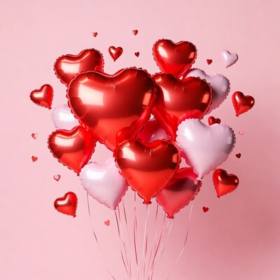 Red and Pink Heart Balloons Cluster