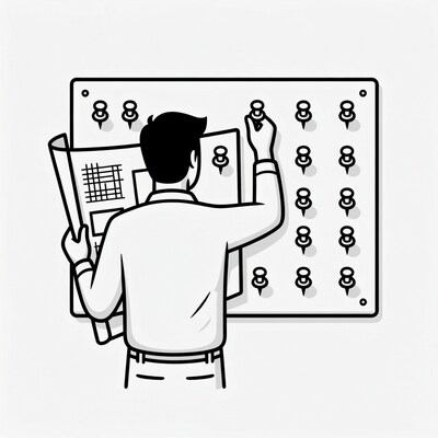 Man pinning blueprint to board