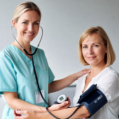 Nurse checking blood pressure on woman