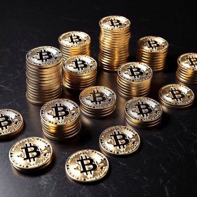 Golden Bitcoin Coins Stacked on Black Surface