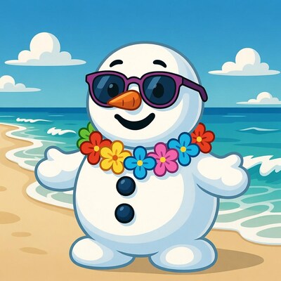 Snowman with sunglasses and lei on beach