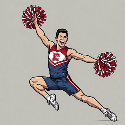 Male cheerleader jumping with pom poms
