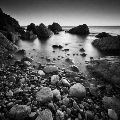 Black and White Rocky Seashore with Long Exposure Waves