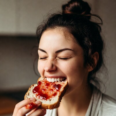 Woman eating jam on bread