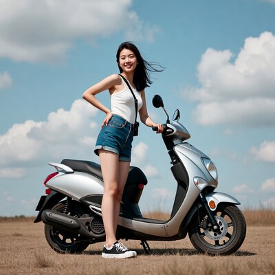Asian woman posing with silver scooter