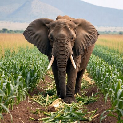 Elephant walking in cornfield