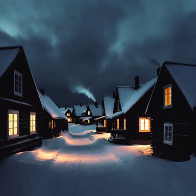Snowy Wooden Cottages at Night