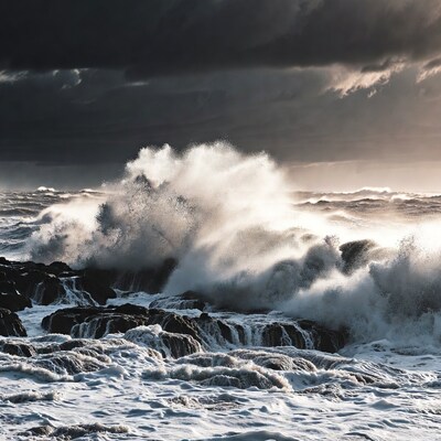 Massive waves crashing on rocks