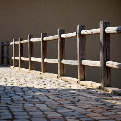 Wooden fence along cobblestone path