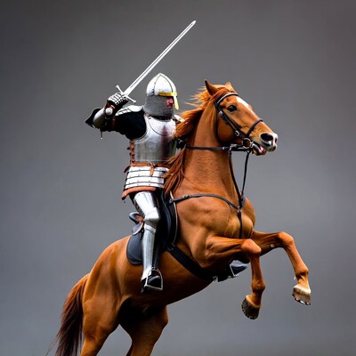 Knight on rearing horse with sword