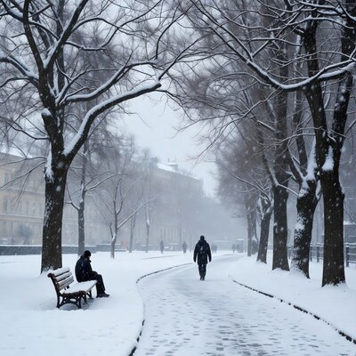 Man sitting on snowy park bench