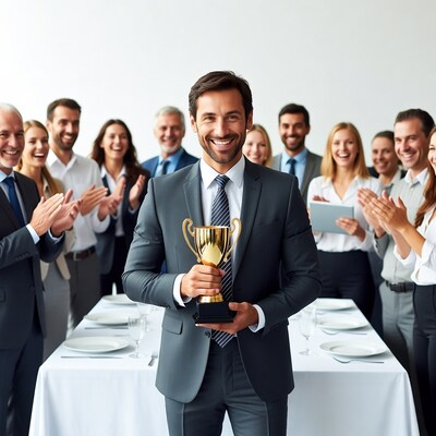 Man holding trophy with applauding team