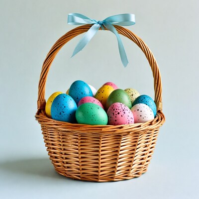 Wicker basket of colorful Easter eggs