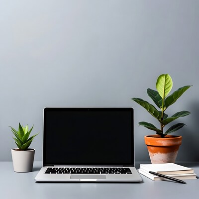 Laptop with plants on gray desk