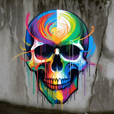 Colorful Rainbow Skull Graffiti on Wall