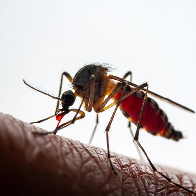 Mosquito biting human finger