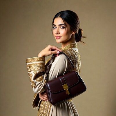 Woman in embroidered dress holding brown handbag