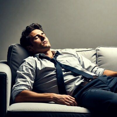 Man sleeping on couch in suit