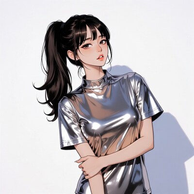 Anime girl in silver shiny top