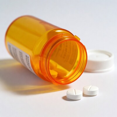 Open orange prescription bottle with pills