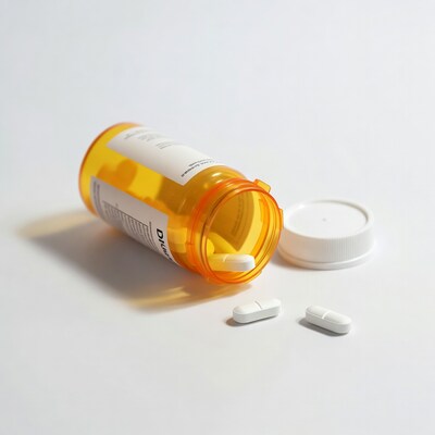Open orange prescription bottle with pills
