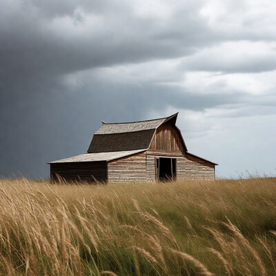 Old Barn in Tall Grass Field